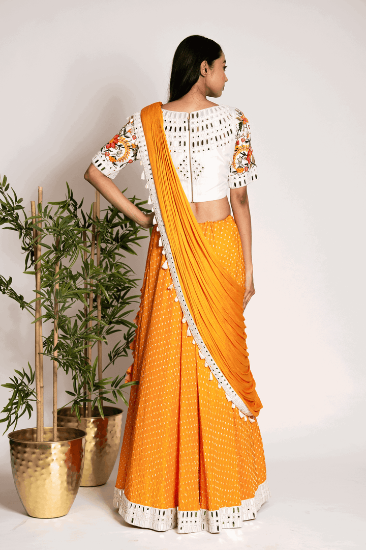 Prairie Mustard Yellow Mirrorwork Lehenga With Draped Dupatta - Bandhani