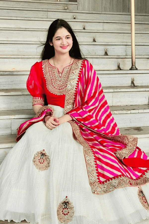 Puff Sleeves Crop Top Paired With Crush Skirt And Leheriya Dupatta - Bandhani