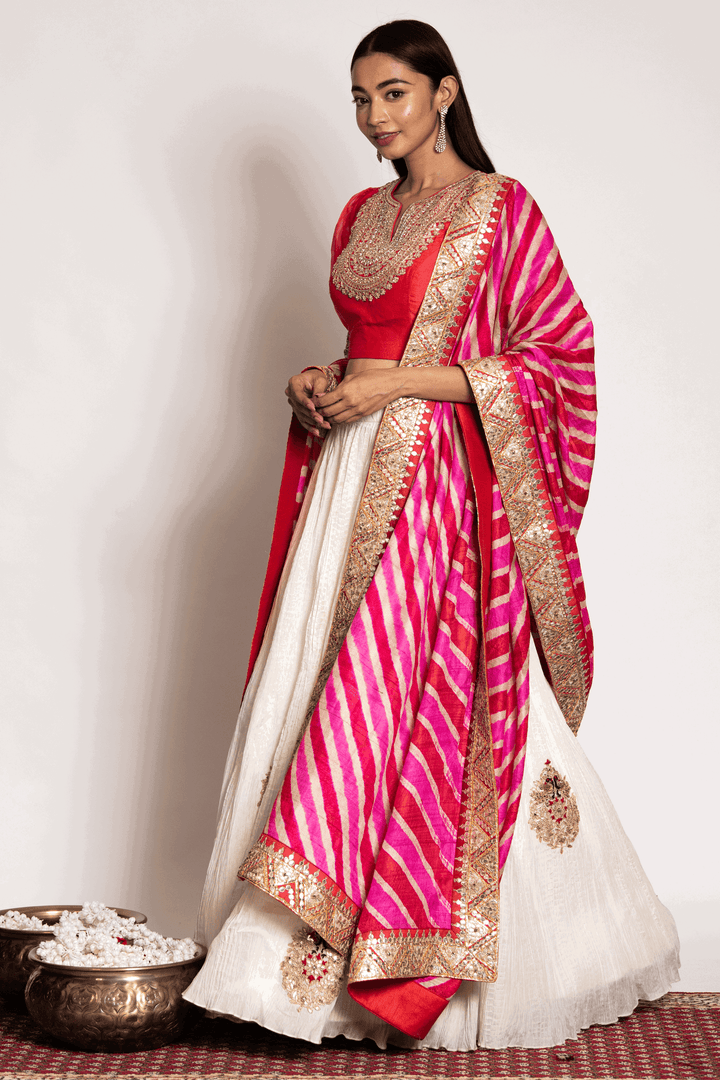 Puff Sleeves Crop Top Paired With Crush Skirt And Leheriya Dupatta - Bandhani