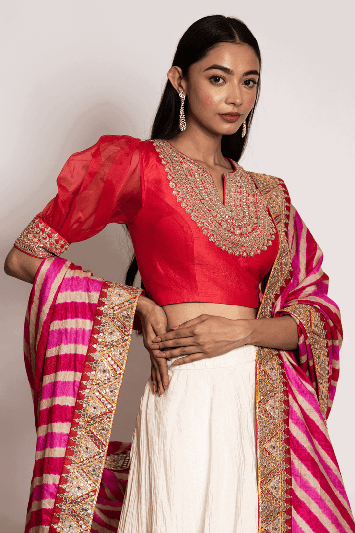 Puff Sleeves Crop Top Paired With Crush Skirt And Leheriya Dupatta - Bandhani