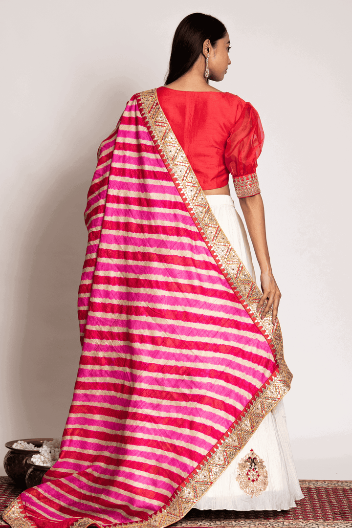 Puff Sleeves Crop Top Paired With Crush Skirt And Leheriya Dupatta - Bandhani
