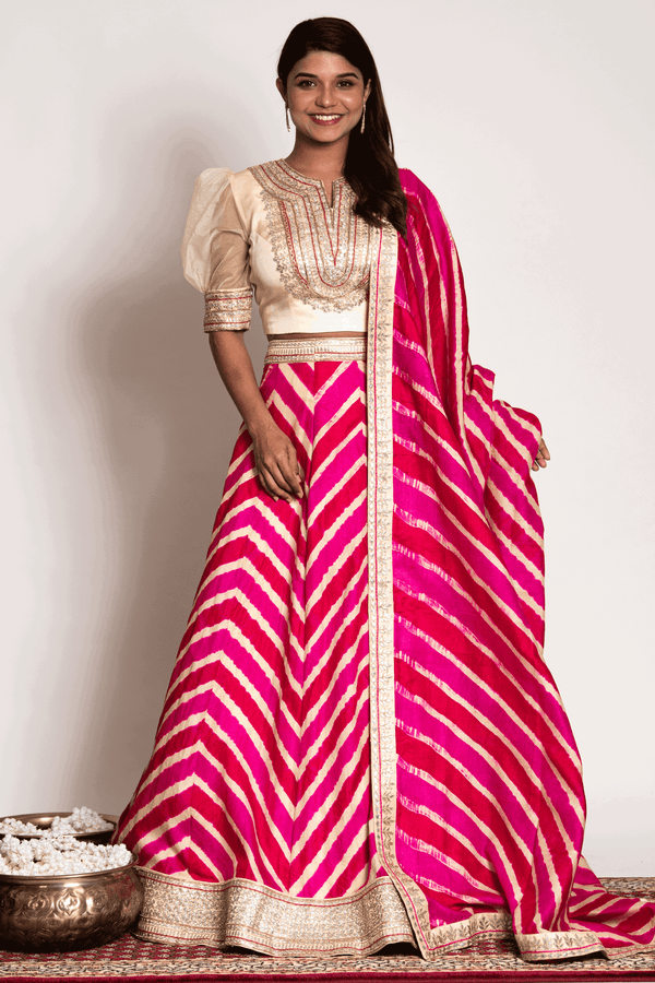 Puff Sleeves Crop Top Paired With Pink Leheriya Skirt And Dupatta - Bandhani