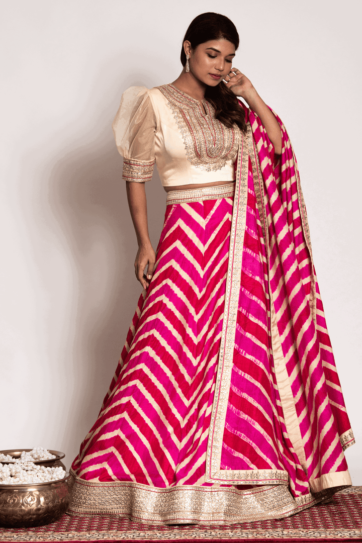 Puff Sleeves Crop Top Paired With Pink Leheriya Skirt And Dupatta - Bandhani
