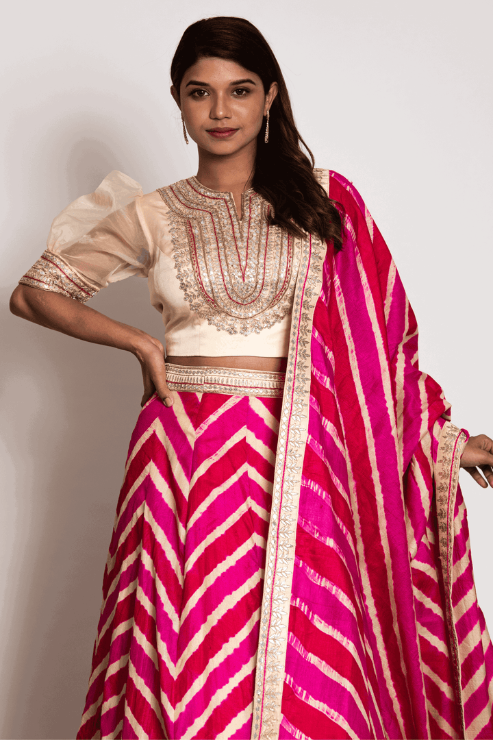 Puff Sleeves Crop Top Paired With Pink Leheriya Skirt And Dupatta - Bandhani