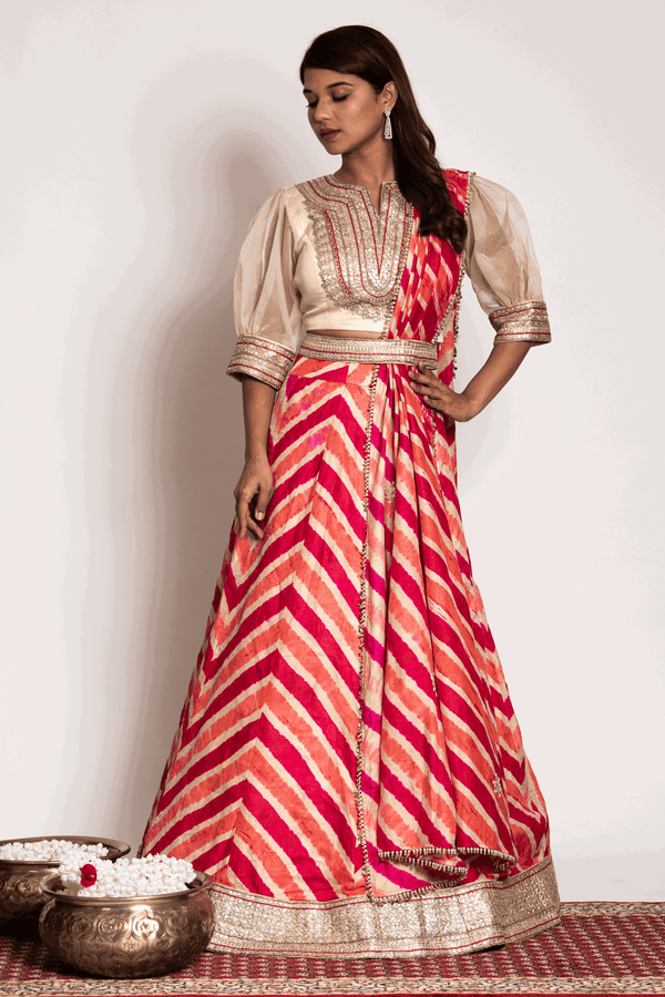 Puff Sleeves Crop Top Paired With Rust Leheriya Skirt And Dupatta - Bandhani