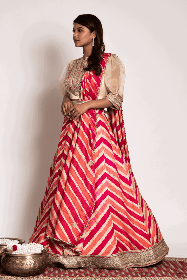 Puff Sleeves Crop Top Paired With Rust Leheriya Skirt And Dupatta - Bandhani