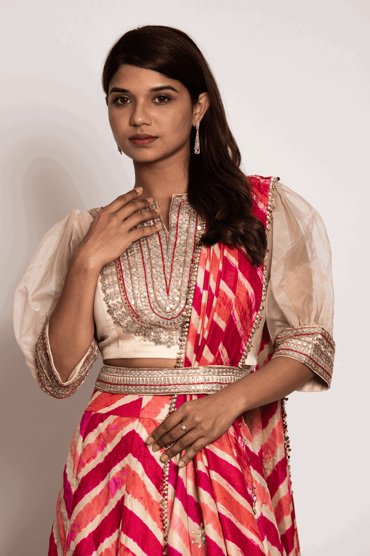 Puff Sleeves Crop Top Paired With Rust Leheriya Skirt And Dupatta - Bandhani