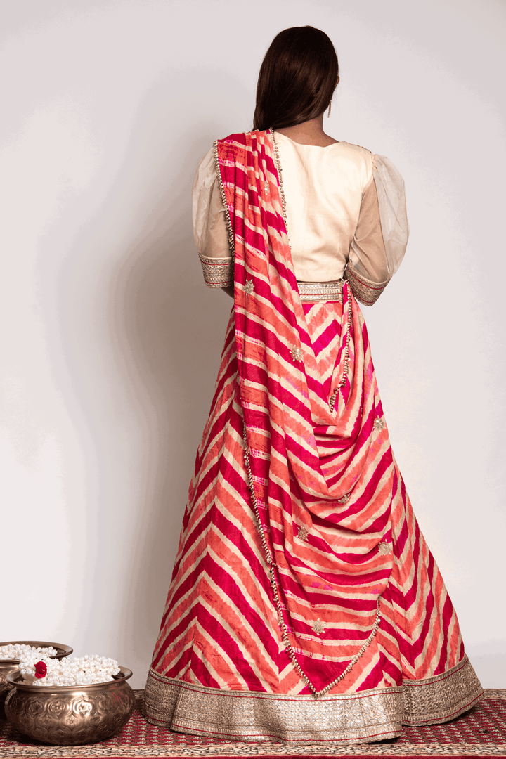 Puff Sleeves Crop Top Paired With Rust Leheriya Skirt And Dupatta - Bandhani