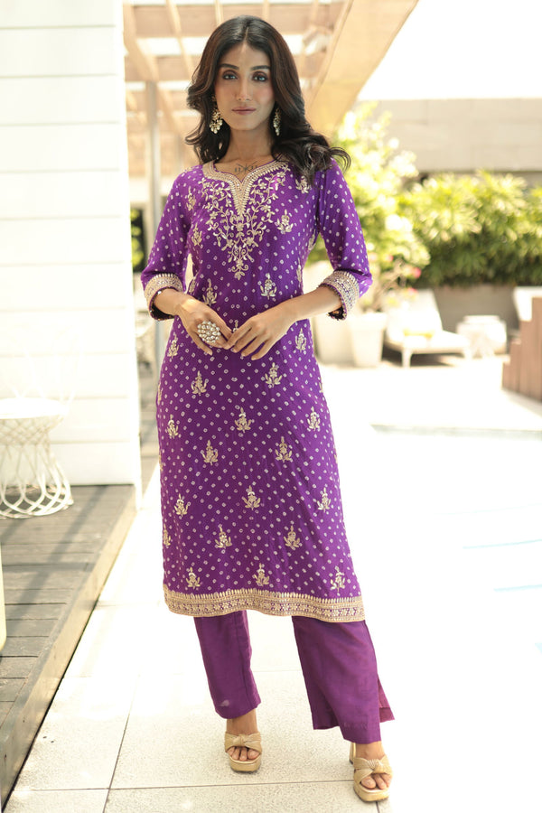 Purple Bandhani Gotapatti Kurta Paired With Straight Pant - Bandhani