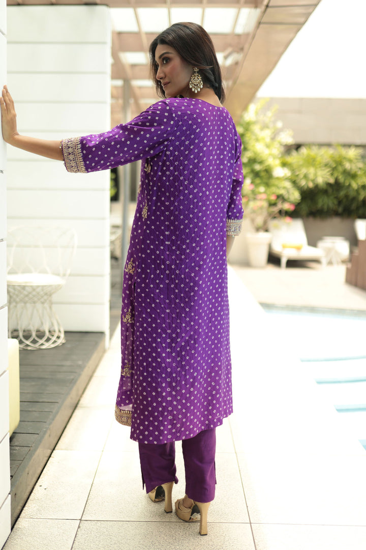 Purple Bandhani Gotapatti Kurta Paired With Straight Pant - Bandhani