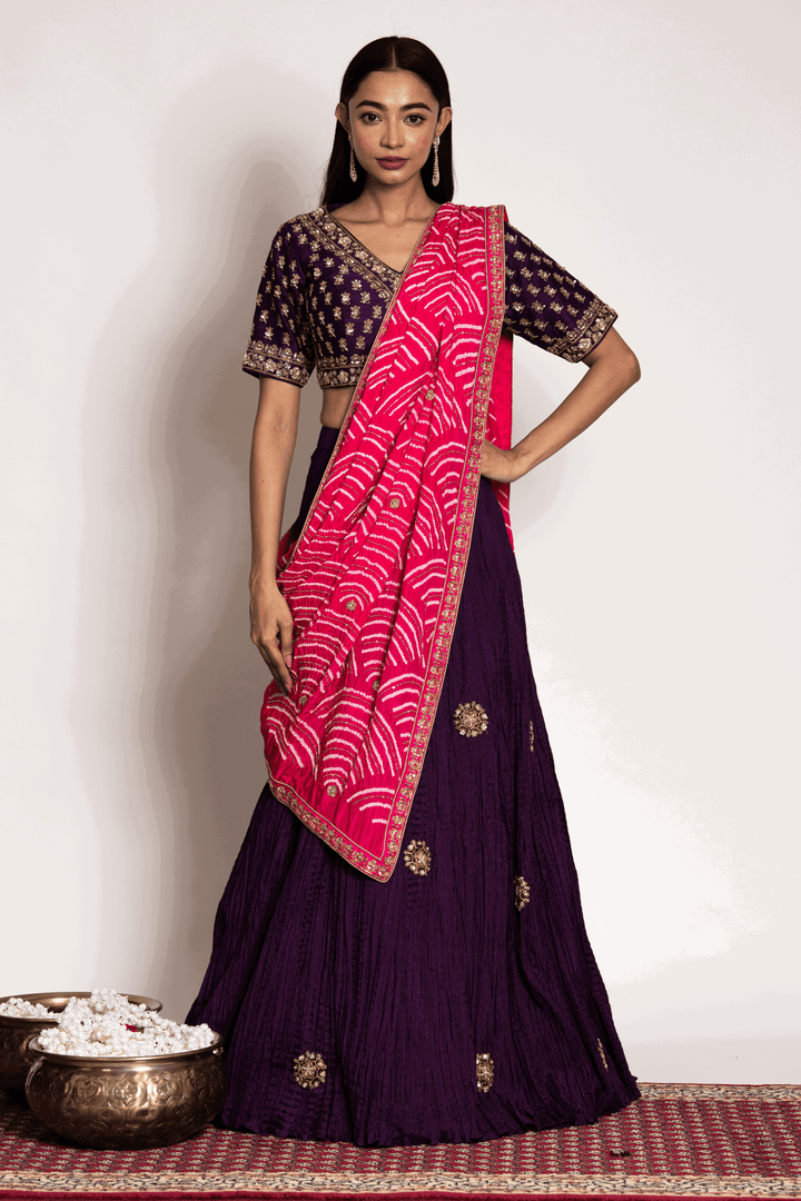 Purple Zardosi Work Blouse Paired With Crush Skirt And Bandhani Dupatta - Bandhani