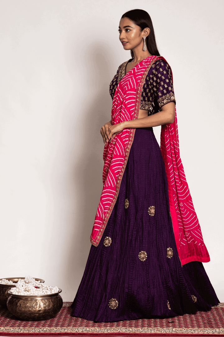 Purple Zardosi Work Blouse Paired With Crush Skirt And Bandhani Dupatta - Bandhani
