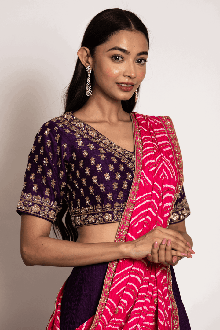 Purple Zardosi Work Blouse Paired With Crush Skirt And Bandhani Dupatta - Bandhani
