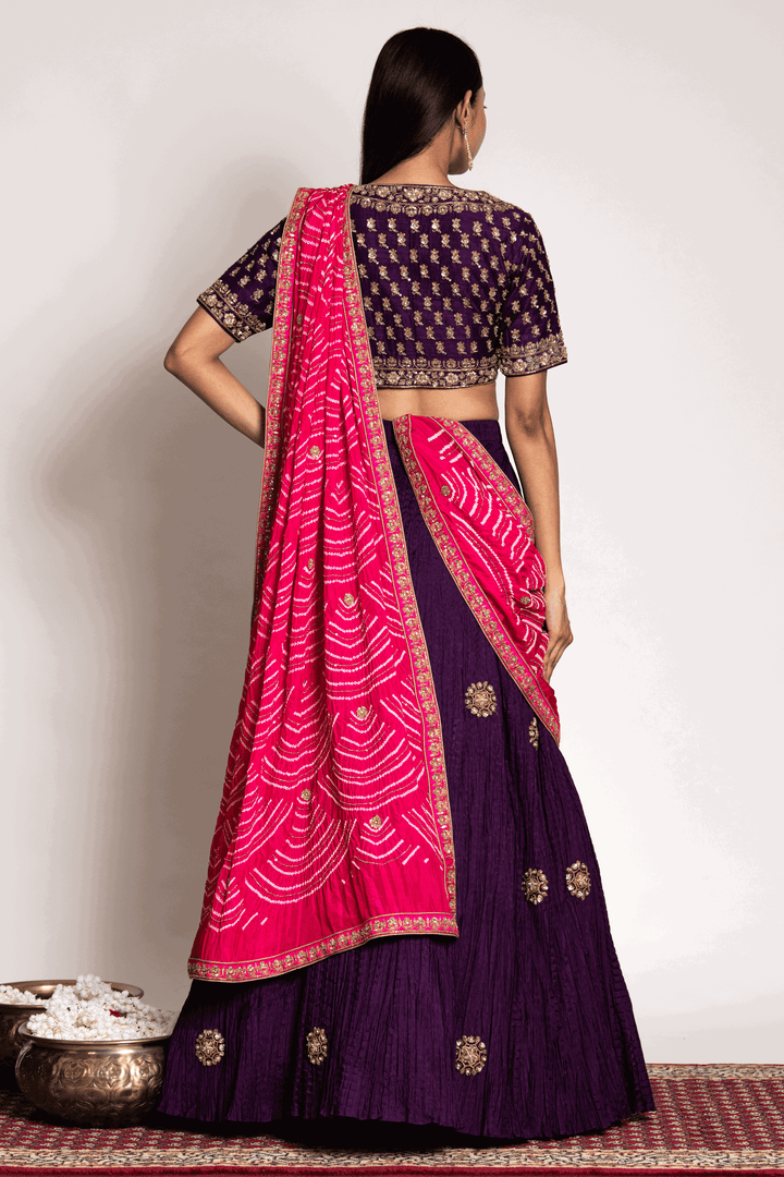 Purple Zardosi Work Blouse Paired With Crush Skirt And Bandhani Dupatta - Bandhani