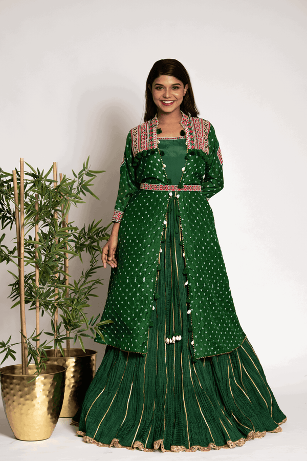 Quirky Bottle Green Crush Suit With Bandhani Jacket And Belt - Bandhani