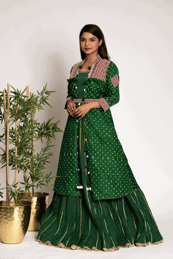 Quirky Bottle Green Crush Suit With Bandhani Jacket And Belt - Bandhani