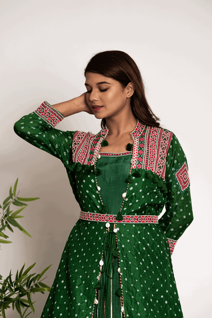 Quirky Bottle Green Crush Suit With Bandhani Jacket And Belt - Bandhani