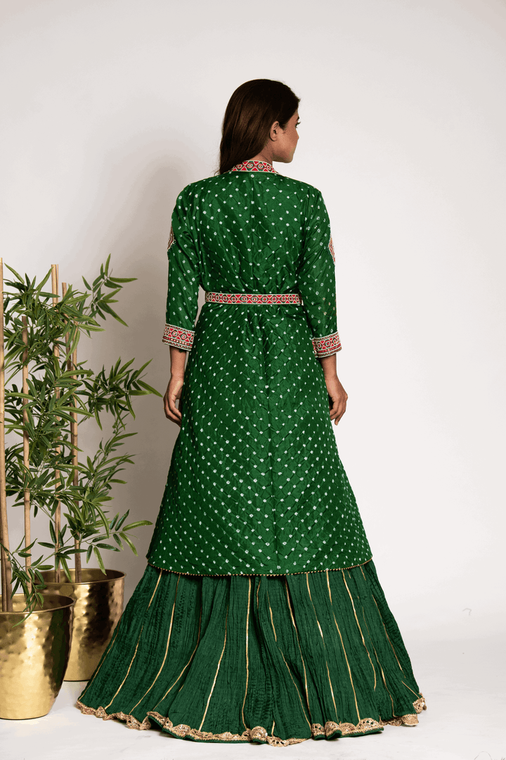 Quirky Bottle Green Crush Suit With Bandhani Jacket And Belt - Bandhani