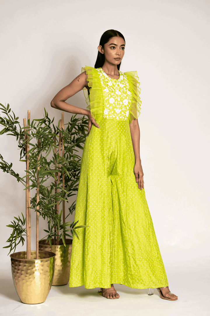 Quirky Lime Green Jumpsuit With Pearls - Bandhani