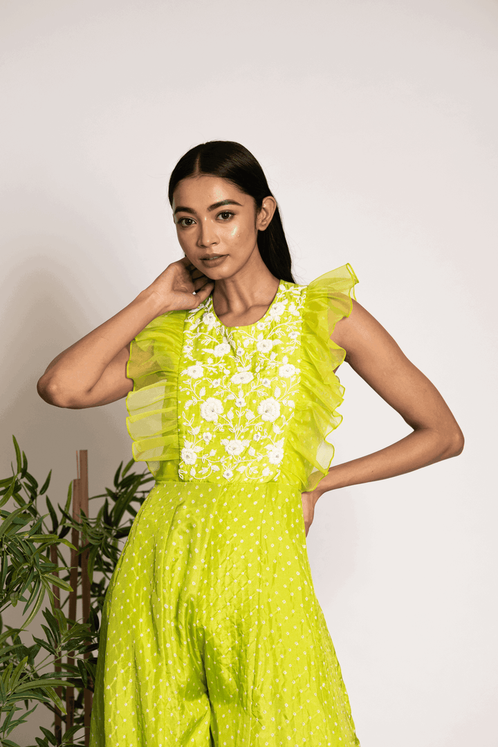 Quirky Lime Green Jumpsuit With Pearls - Bandhani