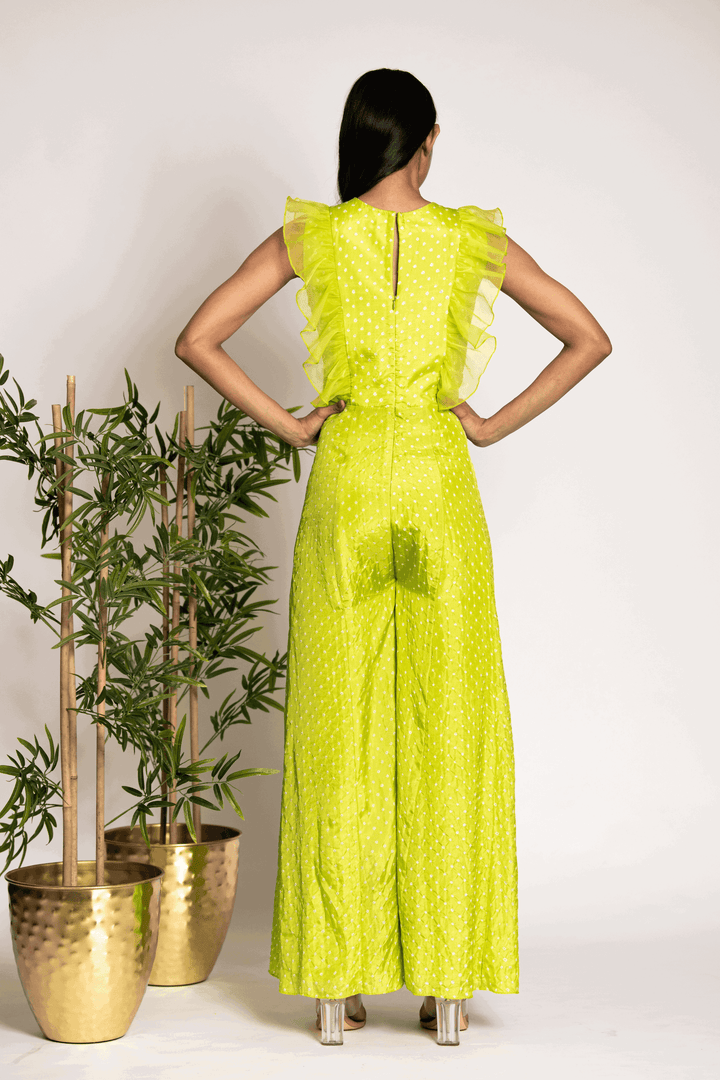 Quirky Lime Green Jumpsuit With Pearls - Bandhani