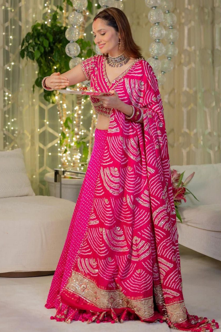 Rani Pink Dot Bandhani Lehenga Set - Bandhani