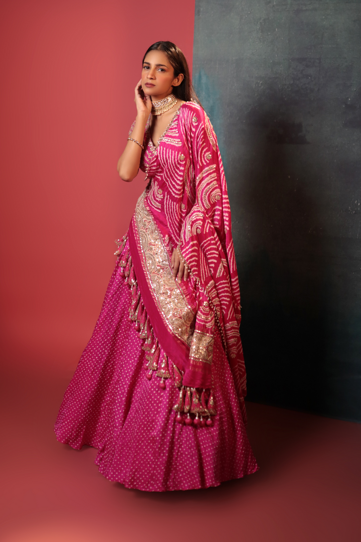 Rani Pink Dot Bandhani Lehenga Set - Bandhani