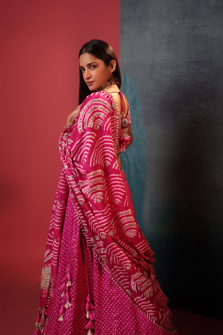 Rani Pink Dot Bandhani Lehenga Set - Bandhani