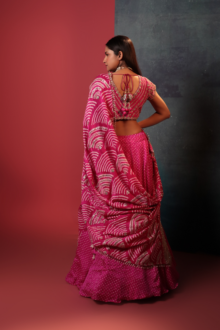 Rani Pink Dot Bandhani Lehenga Set - Bandhani