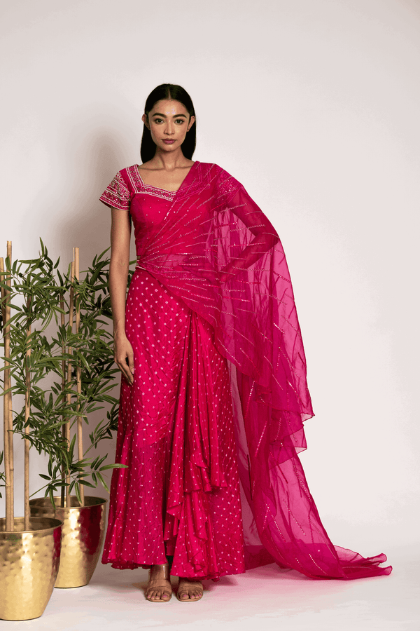Rani Pink Drape Skirt With Crop Top And Sash - Bandhani
