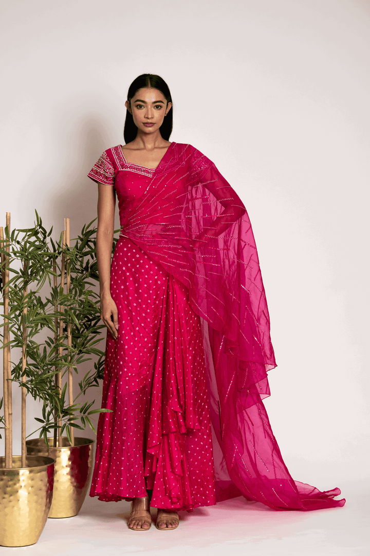 Rani Pink Drape Skirt With Crop Top And Sash - Bandhani