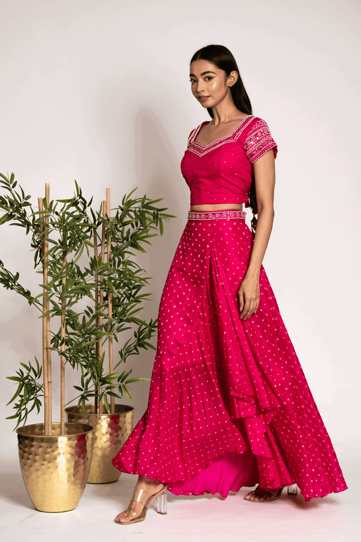 Rani Pink Drape Skirt With Crop Top And Sash - Bandhani