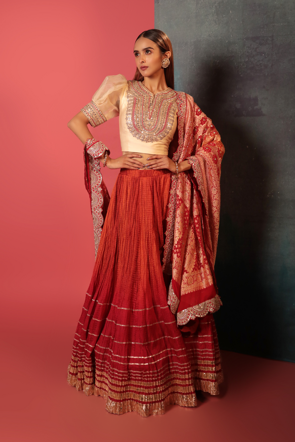 Red-Rust Crush Lehenga Set - Bandhani