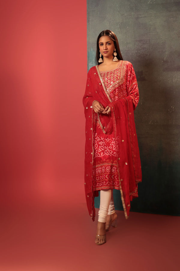 Red Bandhani Aabha Paired With Dupatta - Bandhani