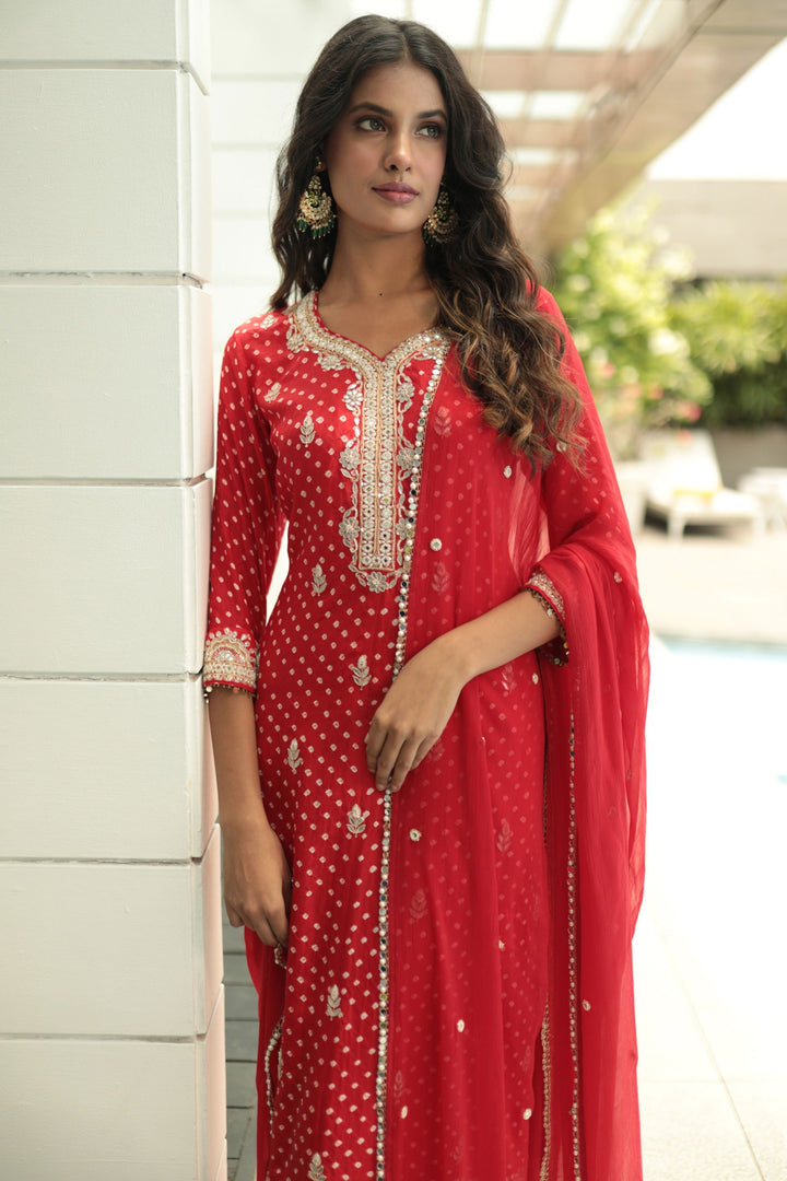 Red Bandhani Pearl And Katdana Kurta With Straight Pants And Chiffon Dupatta - Bandhani