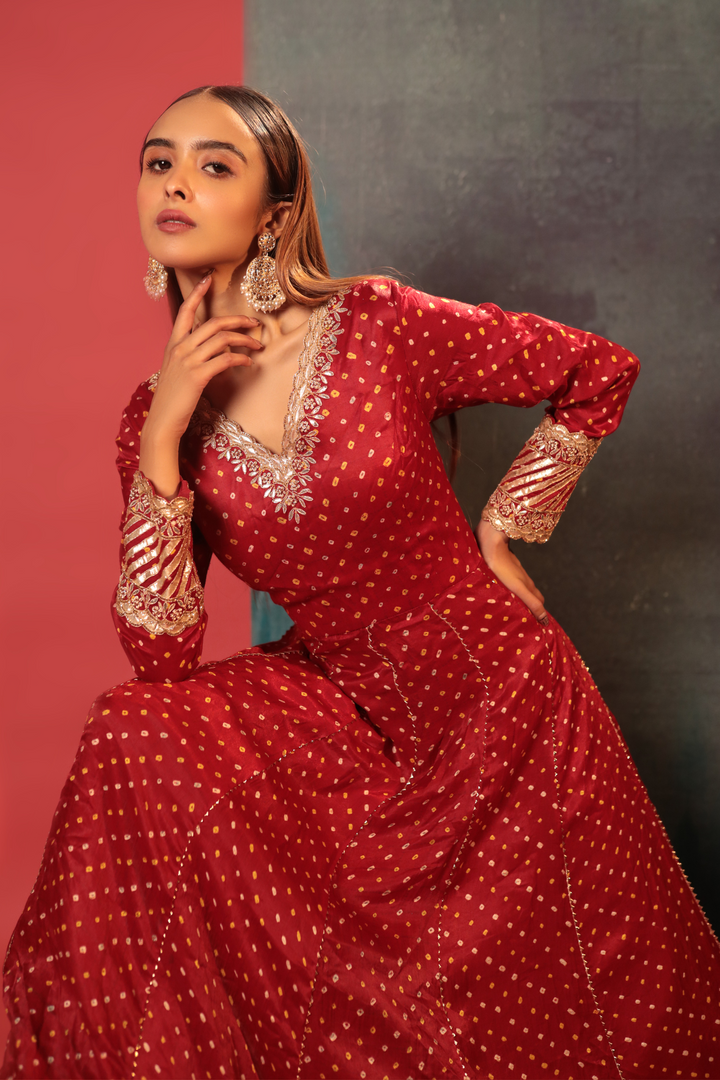 Red Dot Bandhani Anarkali - Bandhani