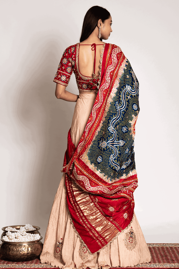 Red Gota Blouse Paired With Chikoo Crush Skirt and Bandhani Dupatta - Bandhani