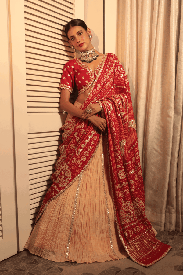 Red Gotapatti Blouse With Chickoo Crush Skirt And Red Bandhani Dupatta - Bandhani