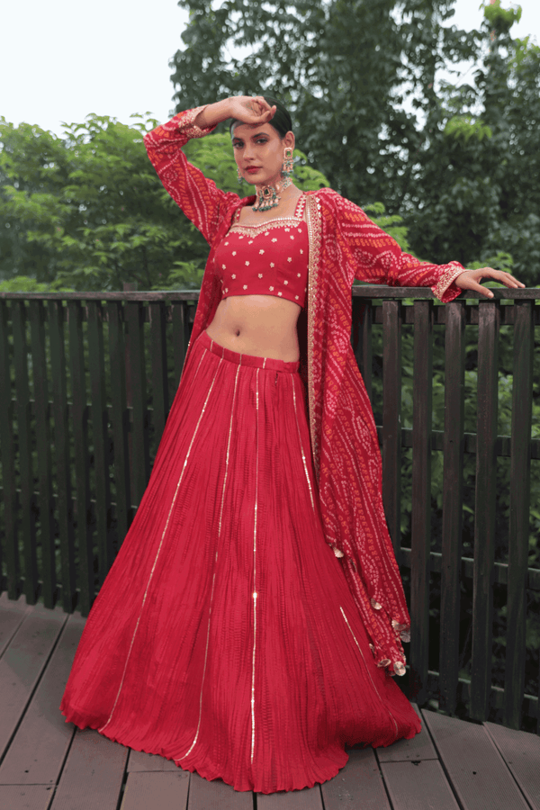 Red Gotapatti Blouse With Crush Skirt And Bandhani Jacket - Bandhani