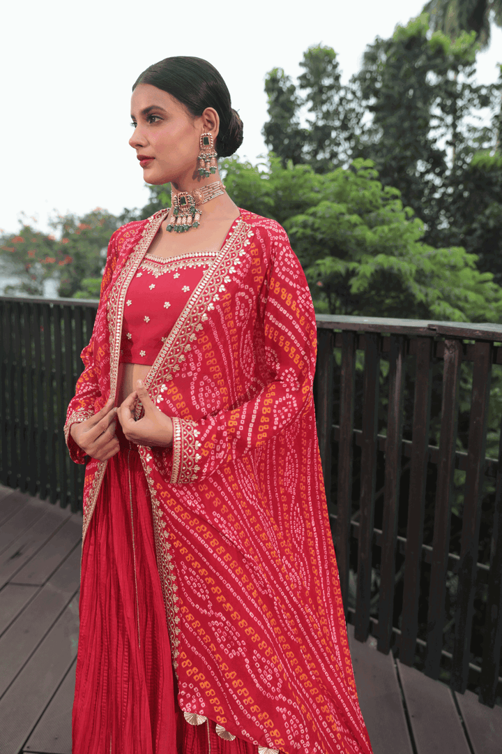 Red Gotapatti Blouse With Crush Skirt And Bandhani Jacket - Bandhani