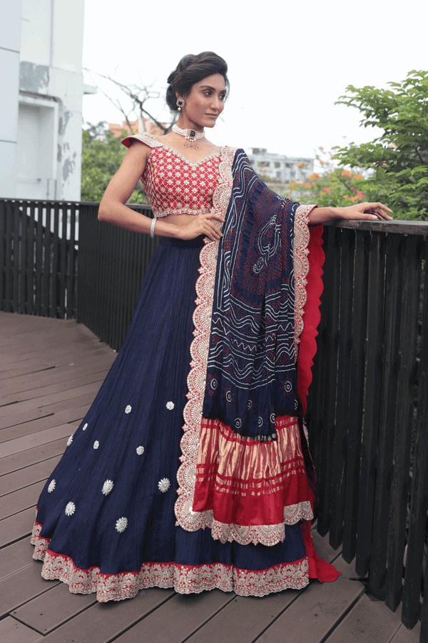 Red Gotapatti Blouse With Crush Skirt And Blue Bandhani Dupatta - Bandhani