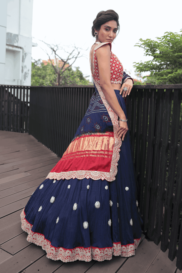 Red Gotapatti Blouse With Crush Skirt And Blue Bandhani Dupatta - Bandhani