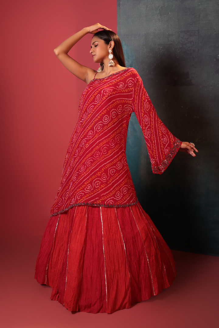 Red Highlow Bandhani Kurta Paired With Crush Skirt - Bandhani