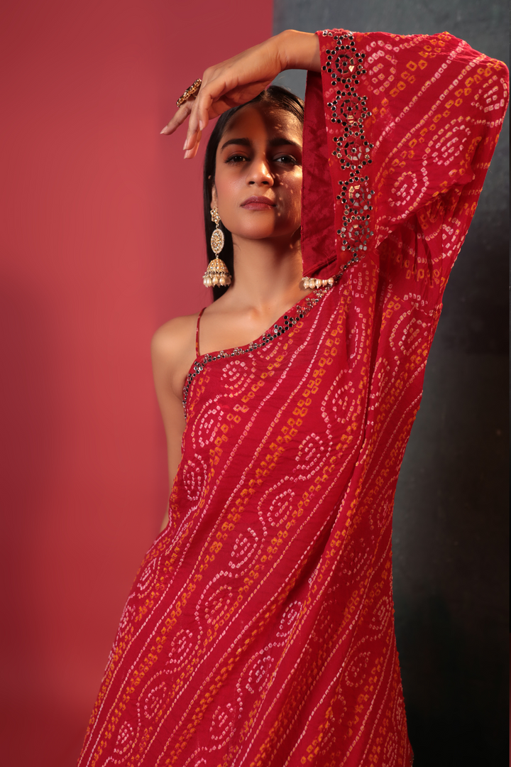 Red Highlow Bandhani Kurta Paired With Crush Skirt - Bandhani