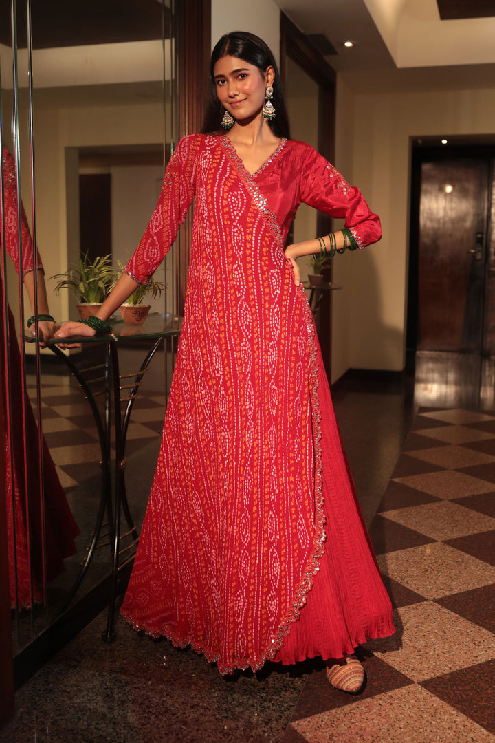 Red Mirror Work Angrakha Anarkali - Bandhani