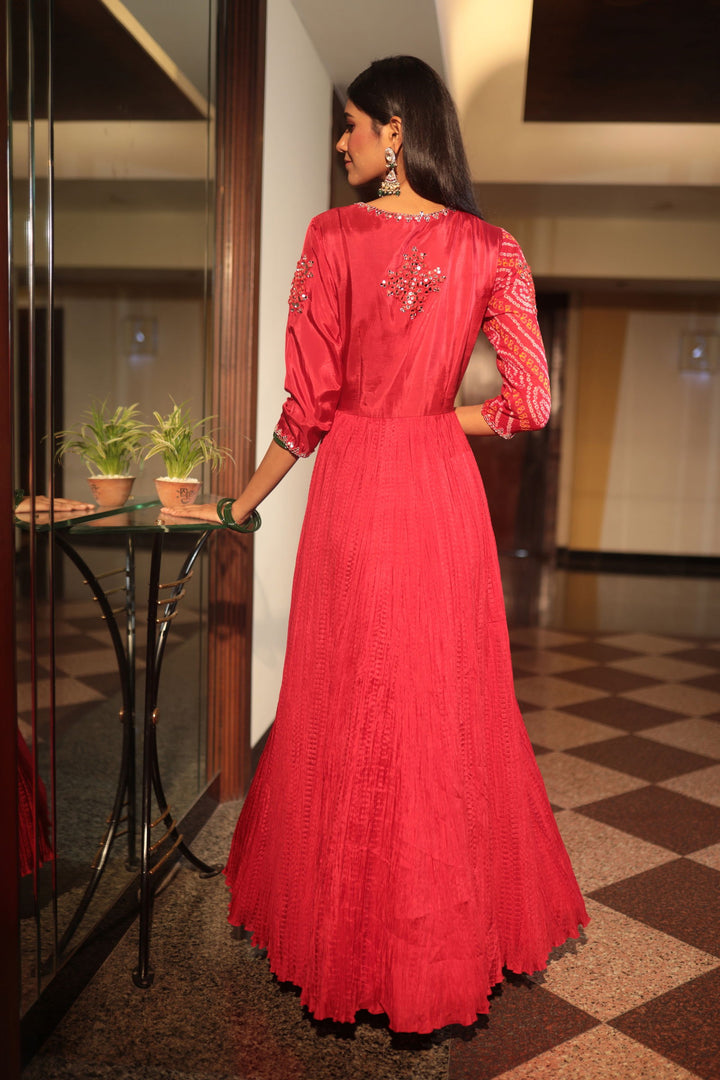 Red Mirror Work Angrakha Anarkali - Bandhani