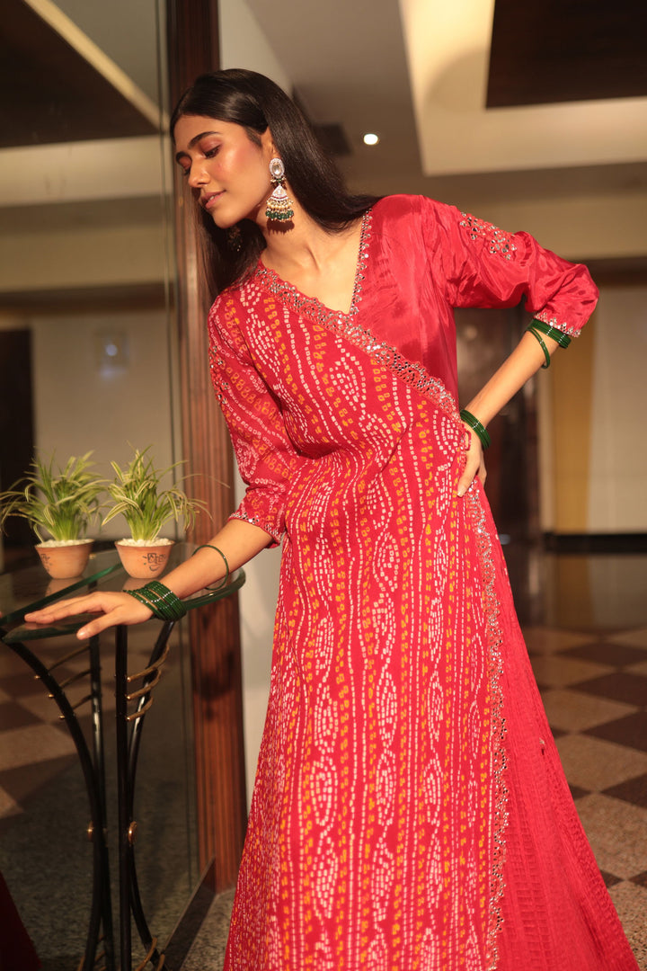 Red Mirror Work Angrakha Anarkali - Bandhani