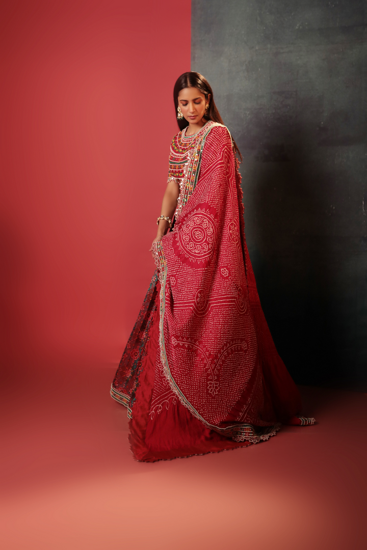 Red Patan Patola Lehenga Set - Bandhani