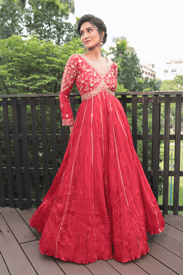 Red Zardosi Crush Anarkali - Bandhani