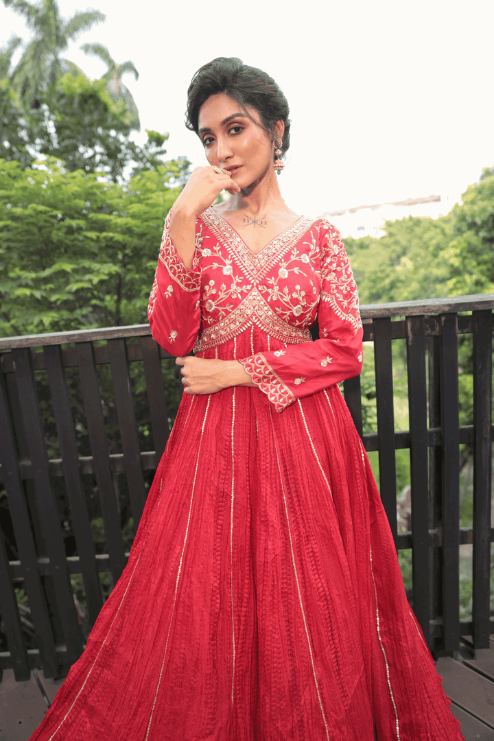 Red Zardosi Crush Anarkali - Bandhani